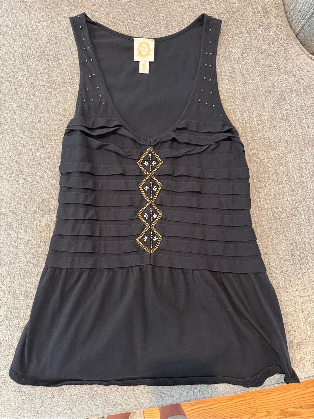 Black Sleeveless Embellished Ruffle Tank - Unknown Brand